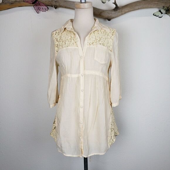 Antillia femme dark cream gauze and lace boho top - Picture 1 of 5